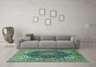 Machine Washable Medallion Turquoise Traditional Area Rugs in a Living Room,, wshtr1089turq