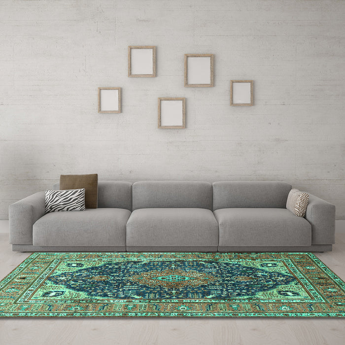 Machine Washable Medallion Turquoise Traditional Area Rugs in a Living Room,, wshtr1089turq