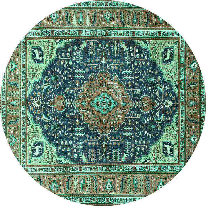 Round Machine Washable Medallion Turquoise Traditional Area Rugs, wshtr1089turq