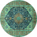 Round Machine Washable Medallion Turquoise Traditional Area Rugs, wshtr1089turq