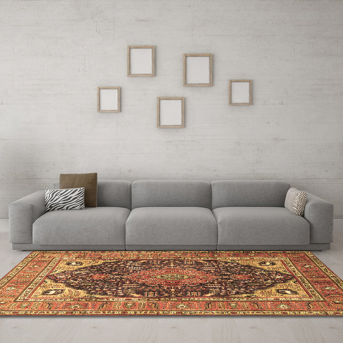 Machine Washable Medallion Brown Traditional Rug in a Living Room,, wshtr1089brn
