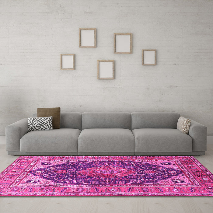 Machine Washable Medallion Pink Traditional Rug in a Living Room, wshtr1089pnk