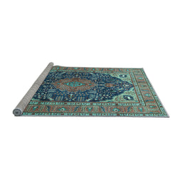 Sideview of Machine Washable Medallion Light Blue Traditional Rug, wshtr1089lblu