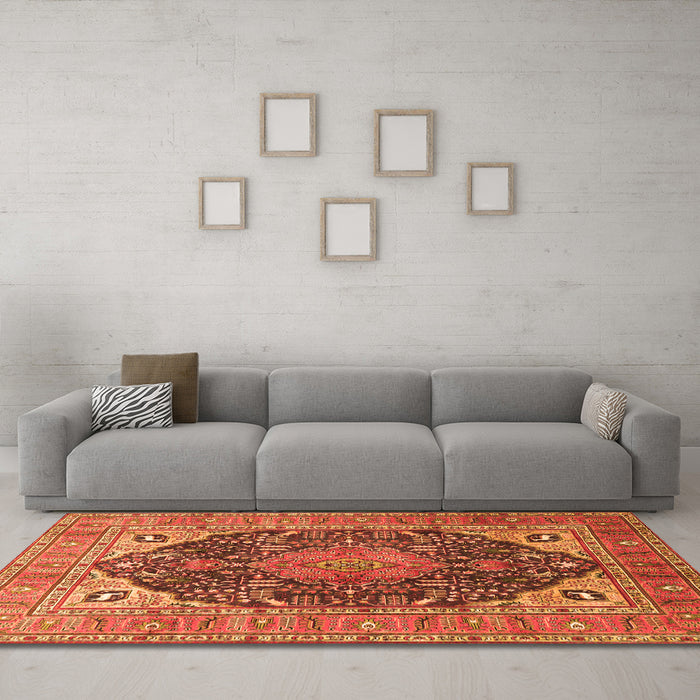 Machine Washable Medallion Orange Traditional Area Rugs in a Living Room, wshtr1089org