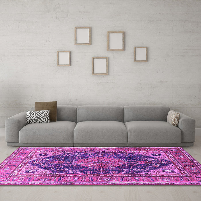 Machine Washable Medallion Purple Traditional Area Rugs in a Living Room, wshtr1089pur