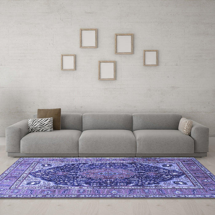 Machine Washable Medallion Blue Traditional Rug in a Living Room, wshtr1089blu