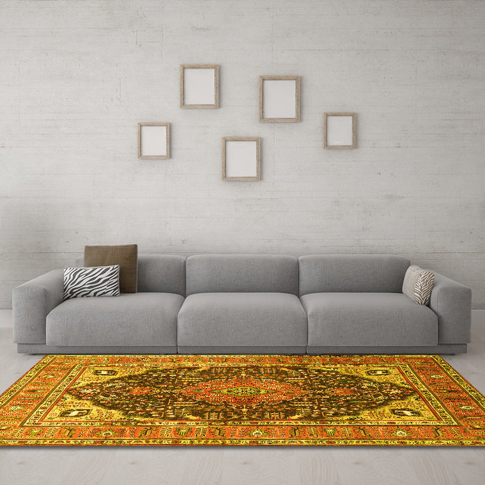 Machine Washable Medallion Yellow Traditional Rug in a Living Room, wshtr1089yw