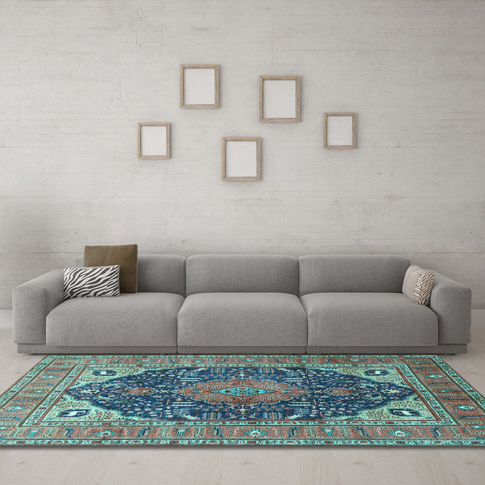 Machine Washable Medallion Light Blue Traditional Rug in a Living Room, wshtr1089lblu