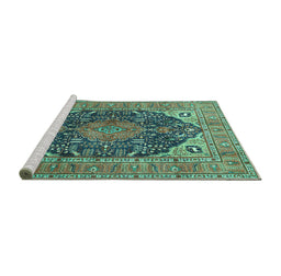 Sideview of Machine Washable Medallion Turquoise Traditional Area Rugs, wshtr1089turq