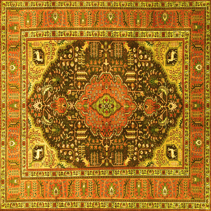 Square Machine Washable Medallion Yellow Traditional Rug, wshtr1089yw