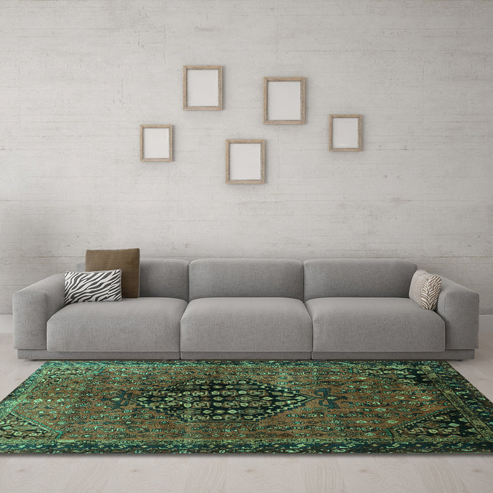 Machine Washable Persian Turquoise Traditional Area Rugs in a Living Room,, wshtr108turq