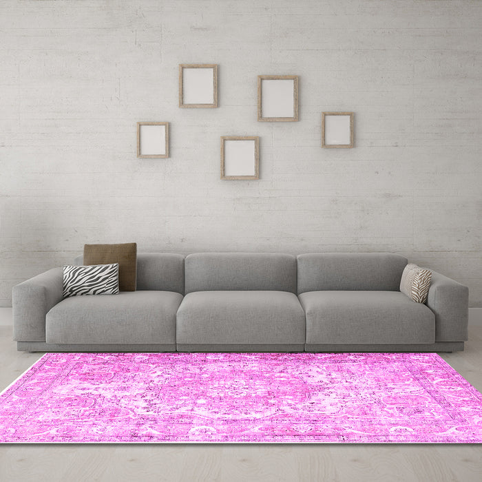 Machine Washable Persian Pink Traditional Rug in a Living Room, wshtr1090pnk