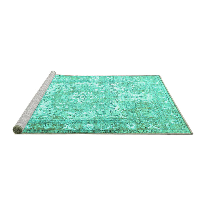 Sideview of Machine Washable Persian Turquoise Traditional Area Rugs, wshtr1090turq
