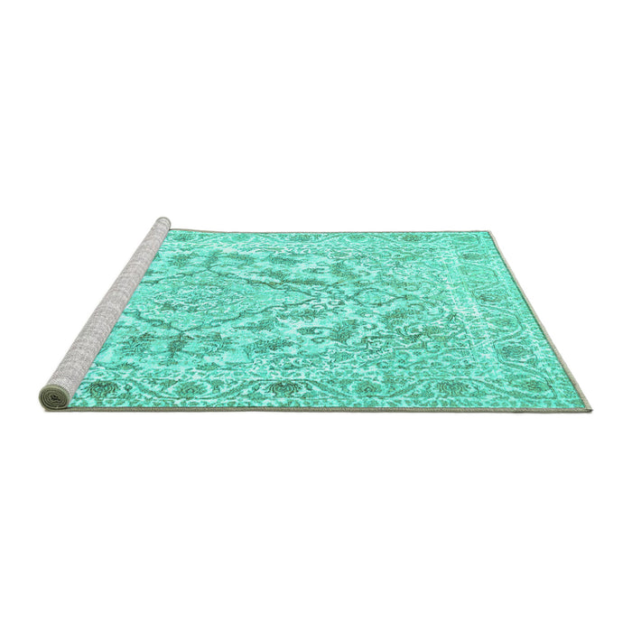 Sideview of Machine Washable Persian Turquoise Traditional Area Rugs, wshtr1091turq