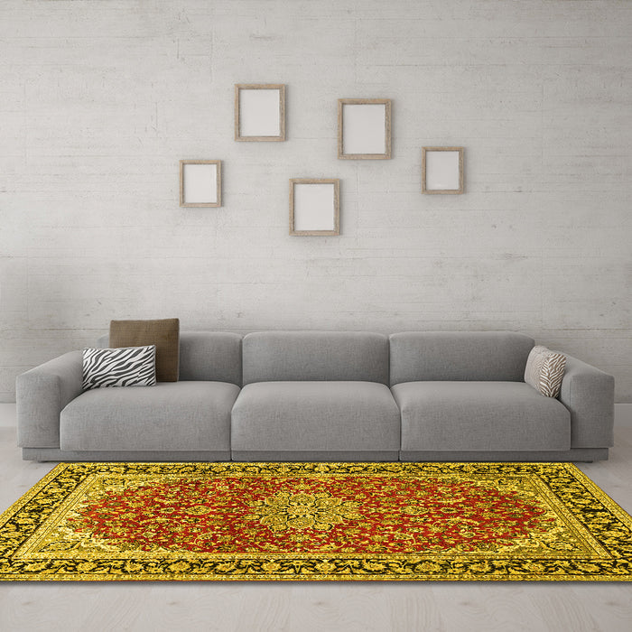 Machine Washable Medallion Yellow Traditional Rug in a Living Room, wshtr1092yw