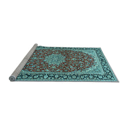Sideview of Machine Washable Medallion Light Blue Traditional Rug, wshtr1092lblu