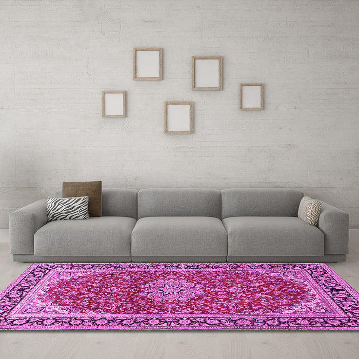 Machine Washable Medallion Pink Traditional Rug in a Living Room, wshtr1092pnk