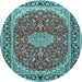 Round Machine Washable Medallion Light Blue Traditional Rug, wshtr1092lblu