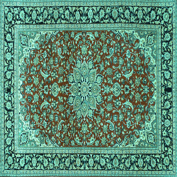 Square Machine Washable Medallion Turquoise Traditional Area Rugs, wshtr1092turq