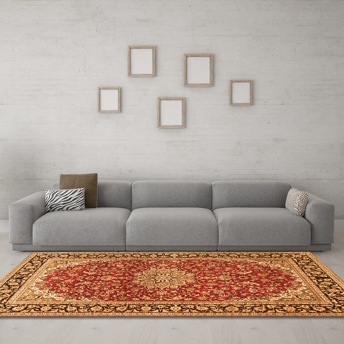 Machine Washable Medallion Orange Traditional Area Rugs in a Living Room, wshtr1092org