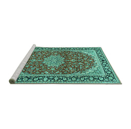 Sideview of Machine Washable Medallion Turquoise Traditional Area Rugs, wshtr1092turq