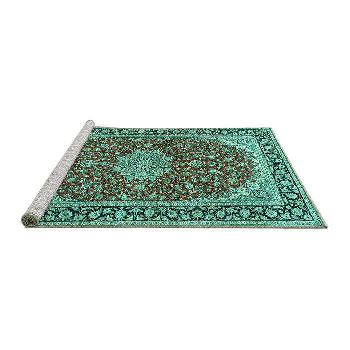 Sideview of Machine Washable Medallion Turquoise Traditional Area Rugs, wshtr1092turq