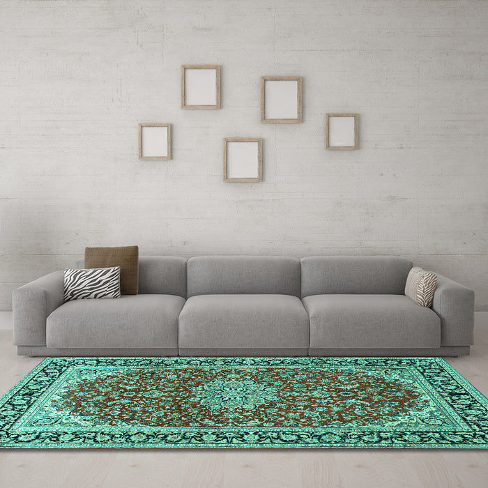 Machine Washable Medallion Turquoise Traditional Area Rugs in a Living Room,, wshtr1092turq