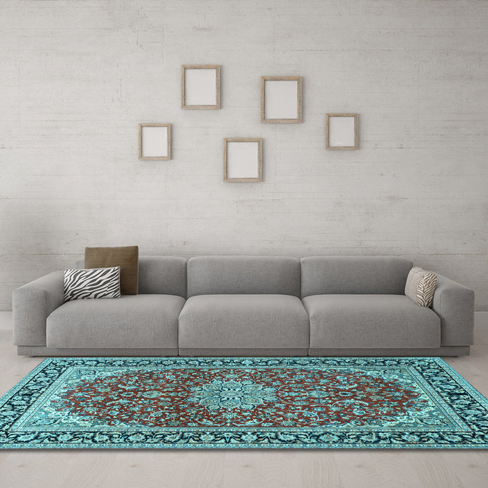 Machine Washable Medallion Light Blue Traditional Rug in a Living Room, wshtr1092lblu