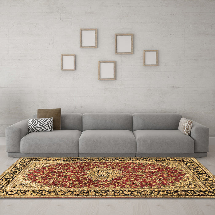 Machine Washable Medallion Brown Traditional Rug in a Living Room,, wshtr1092brn