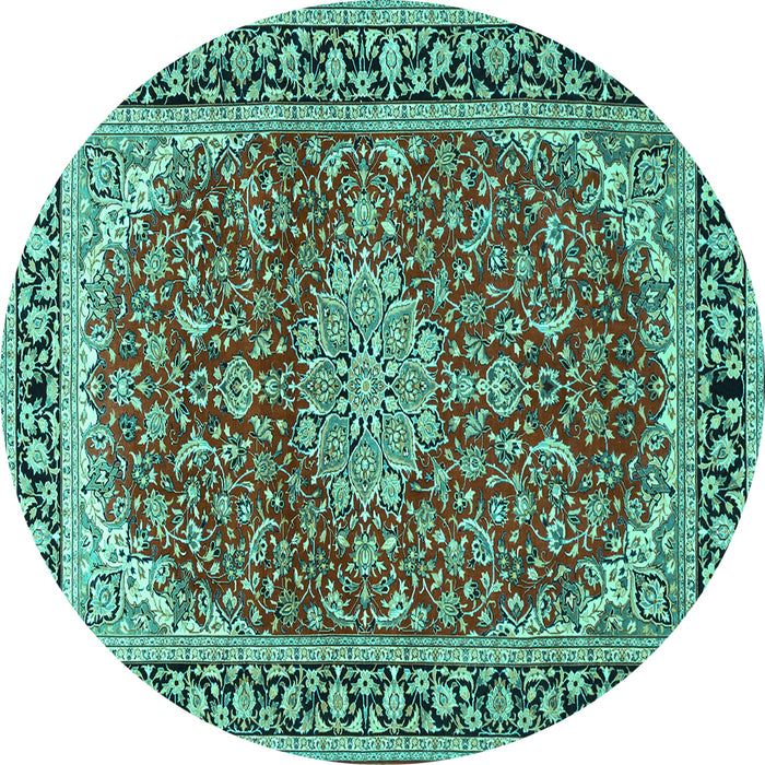 Round Machine Washable Medallion Turquoise Traditional Area Rugs, wshtr1092turq