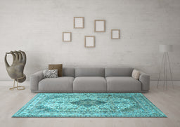 Machine Washable Medallion Light Blue Traditional Rug in a Living Room, wshtr1093lblu
