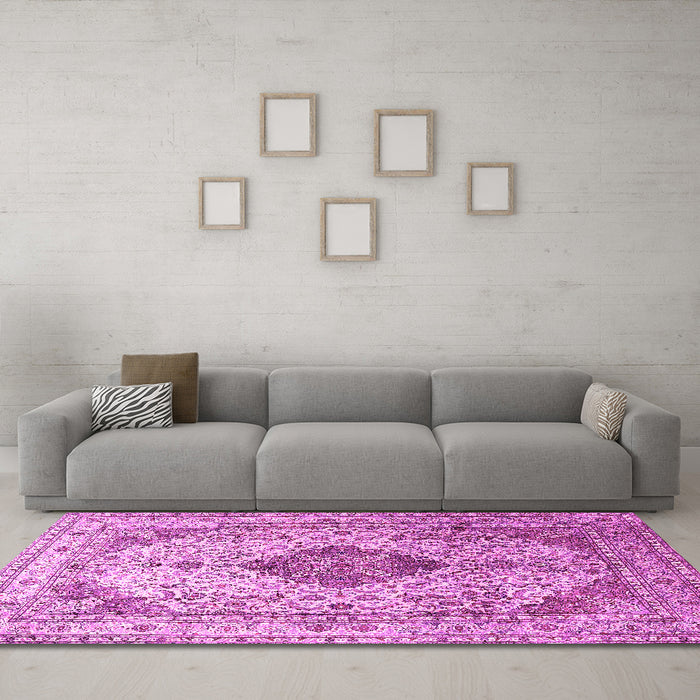 Machine Washable Medallion Pink Traditional Rug in a Living Room, wshtr1093pnk