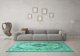 Machine Washable Medallion Turquoise Traditional Area Rugs in a Living Room,, wshtr1093turq