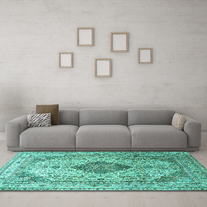 Machine Washable Medallion Turquoise Traditional Area Rugs in a Living Room,, wshtr1093turq