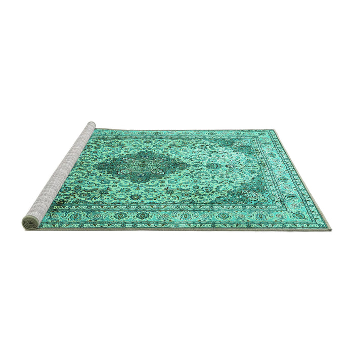 Sideview of Machine Washable Medallion Turquoise Traditional Area Rugs, wshtr1093turq