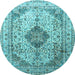 Round Machine Washable Medallion Light Blue Traditional Rug, wshtr1093lblu