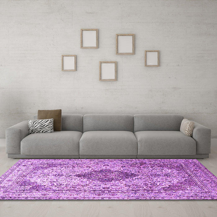 Machine Washable Medallion Purple Traditional Area Rugs in a Living Room, wshtr1093pur