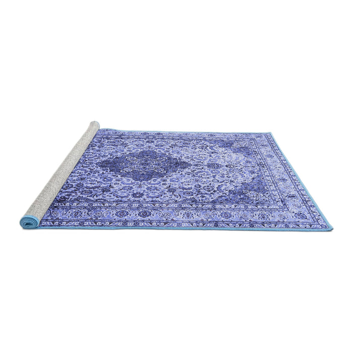 Sideview of Machine Washable Medallion Blue Traditional Rug, wshtr1093blu