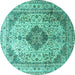 Round Machine Washable Medallion Turquoise Traditional Area Rugs, wshtr1093turq