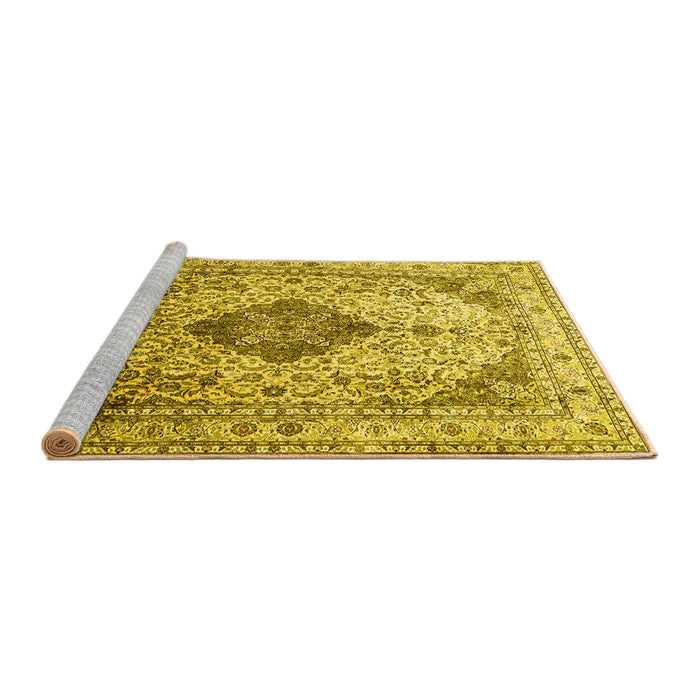 Sideview of Machine Washable Medallion Yellow Traditional Rug, wshtr1093yw