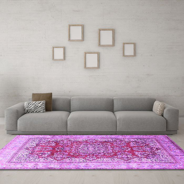 Machine Washable Persian Purple Traditional Area Rugs in a Living Room, wshtr1094pur