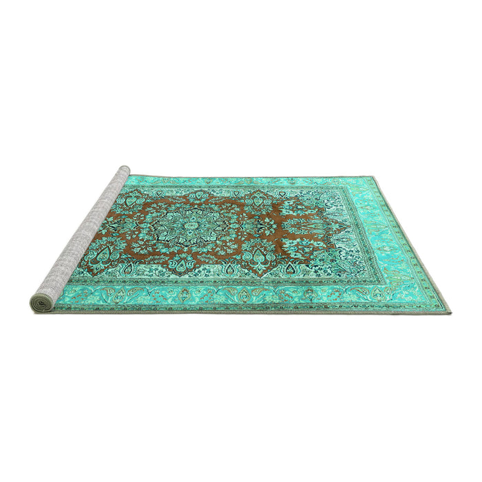 Sideview of Machine Washable Persian Turquoise Traditional Area Rugs, wshtr1094turq