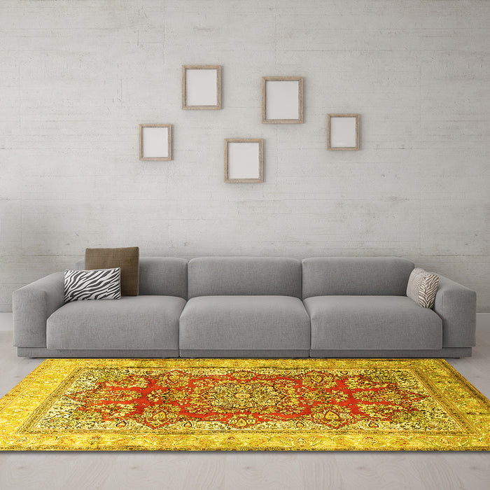 Machine Washable Persian Yellow Traditional Rug in a Living Room, wshtr1094yw