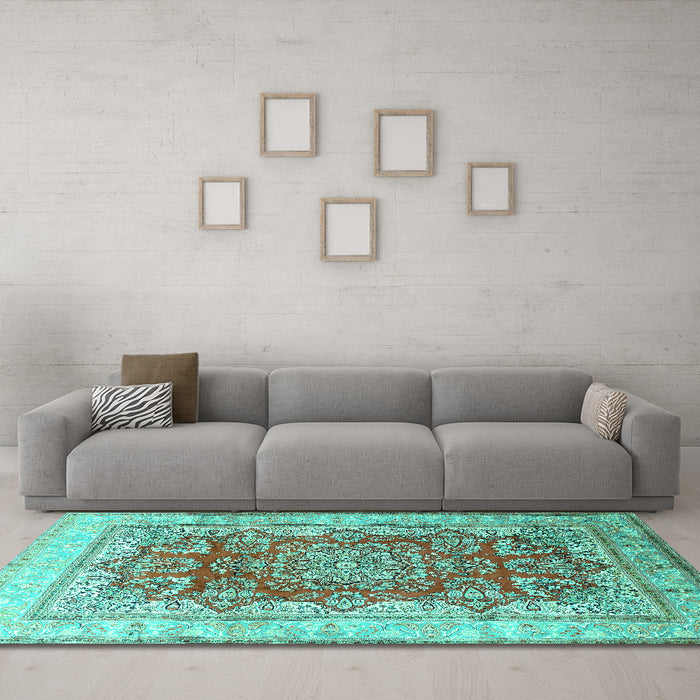 Machine Washable Persian Turquoise Traditional Area Rugs in a Living Room,, wshtr1094turq