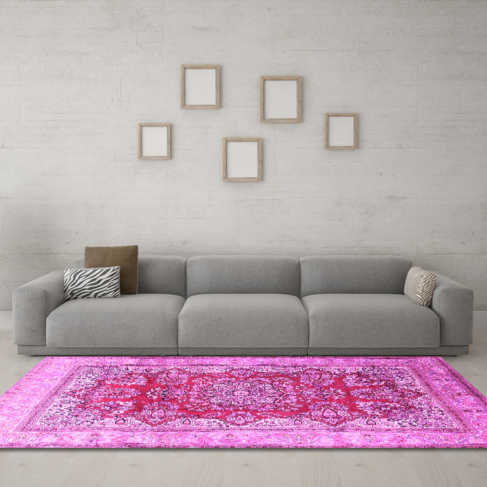 Machine Washable Persian Pink Traditional Rug in a Living Room, wshtr1094pnk