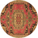 Round Machine Washable Medallion Brown Traditional Rug, wshtr1095brn