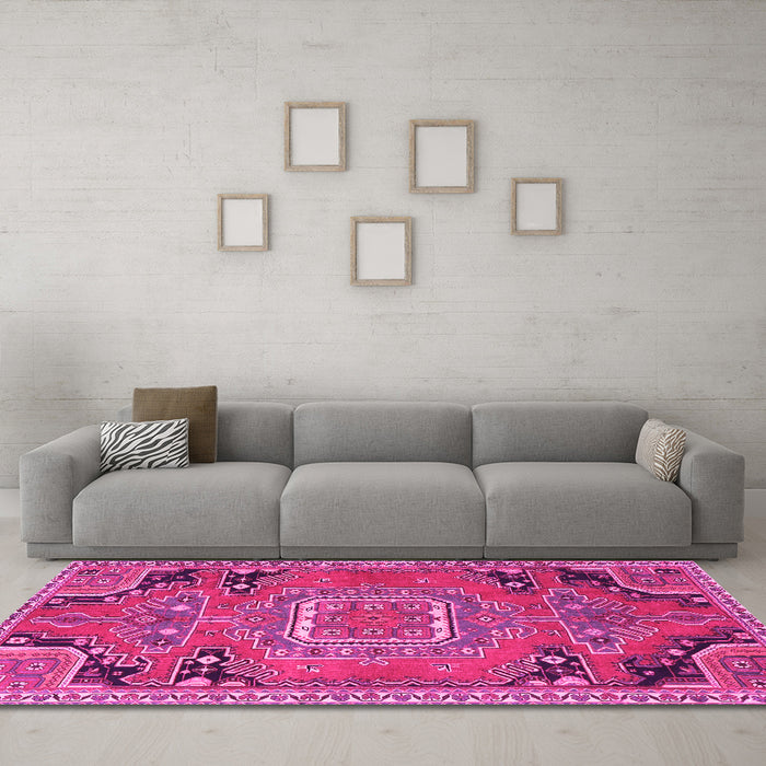 Machine Washable Medallion Pink Traditional Rug in a Living Room, wshtr1095pnk