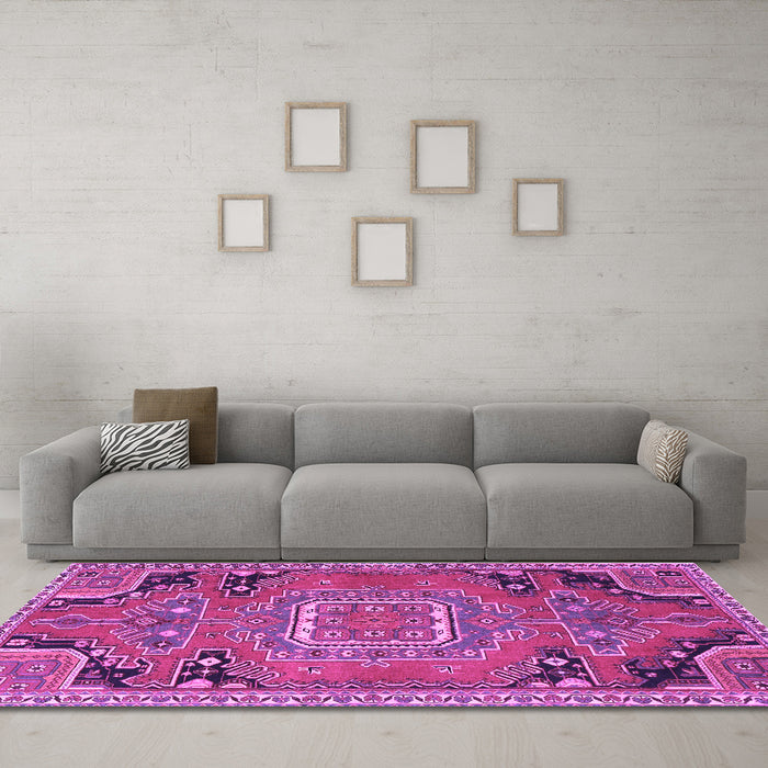 Machine Washable Medallion Purple Traditional Area Rugs in a Living Room, wshtr1095pur