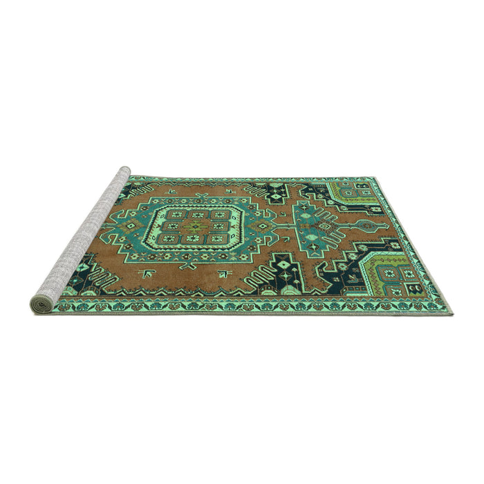 Sideview of Machine Washable Medallion Turquoise Traditional Area Rugs, wshtr1095turq