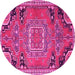 Round Machine Washable Medallion Pink Traditional Rug, wshtr1095pnk